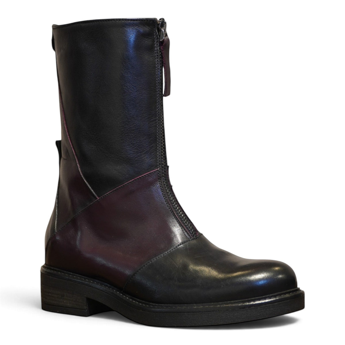 Biker a mezzo polpaccio in pelle nera con dettagli bordeaux