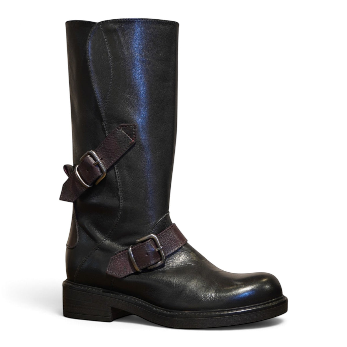Stivale biker alto con fibbie, nero e bordeaux