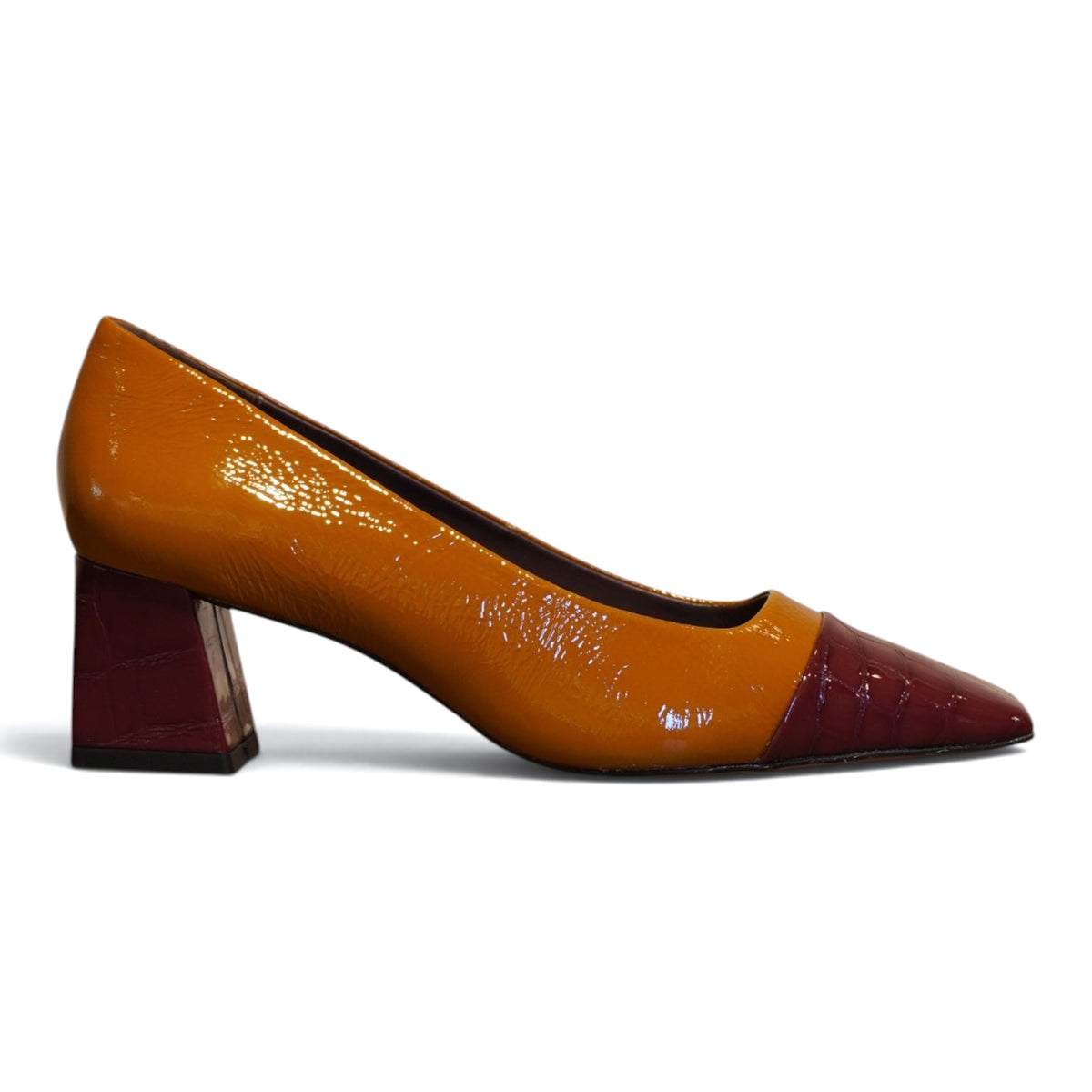 Décolleté senape e bordeaux in pelle con tacco largo