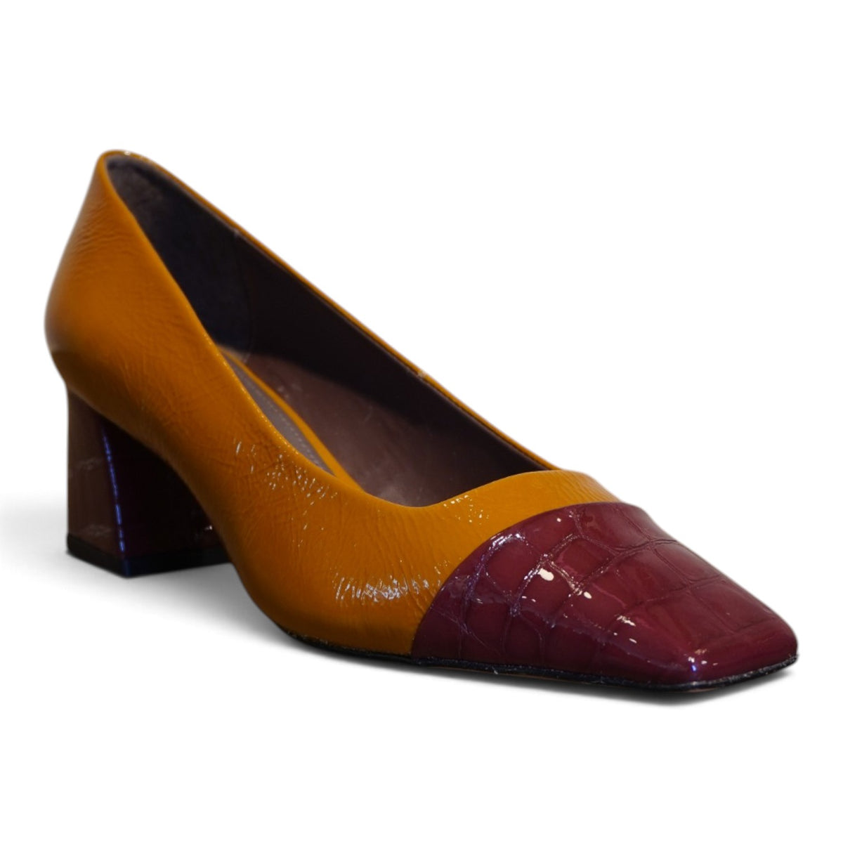 Décolleté senape e bordeaux in pelle con tacco largo