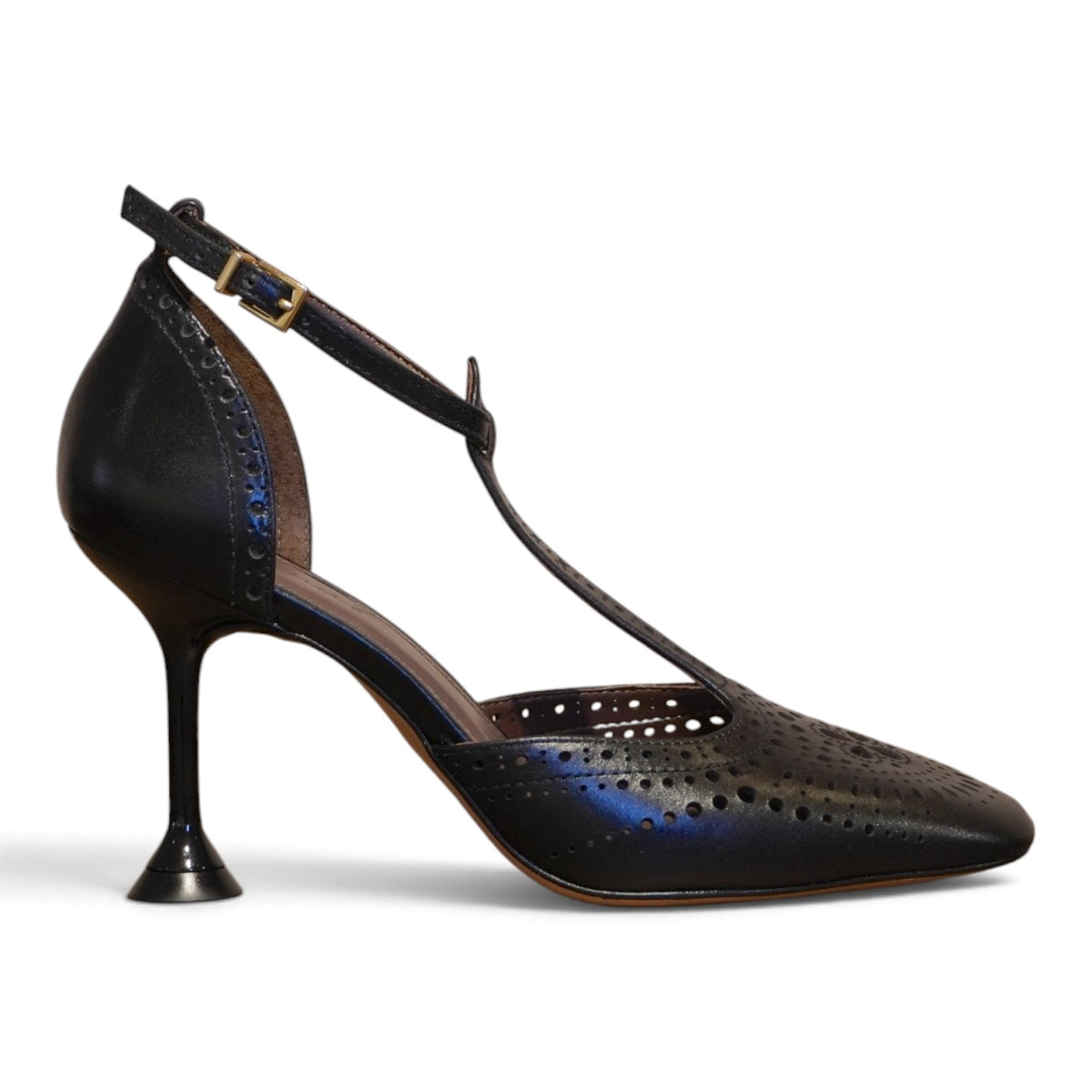 Mary Jane T-bar nera in pelle traforata
