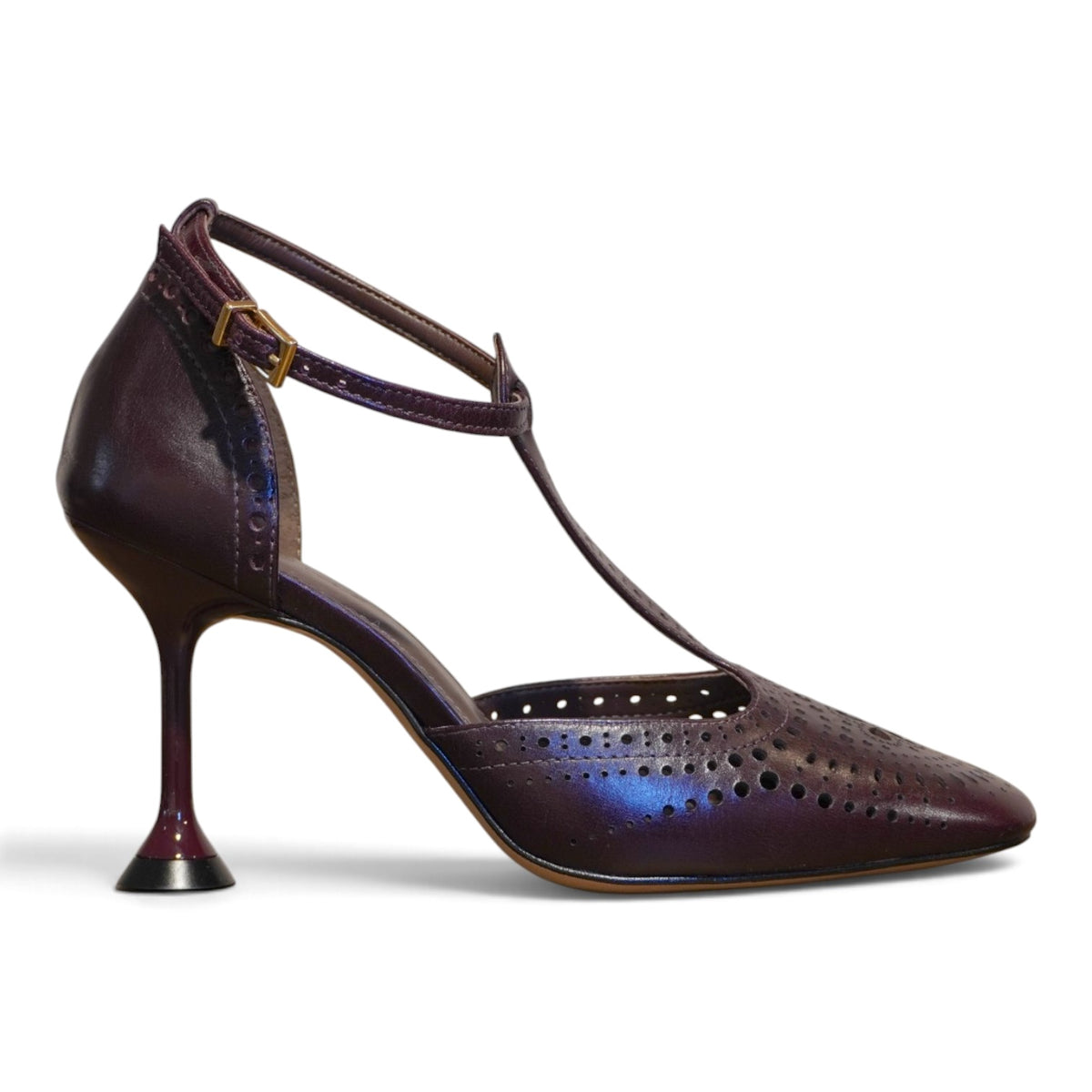 Mary Jane T-bar bordeaux in pelle traforata