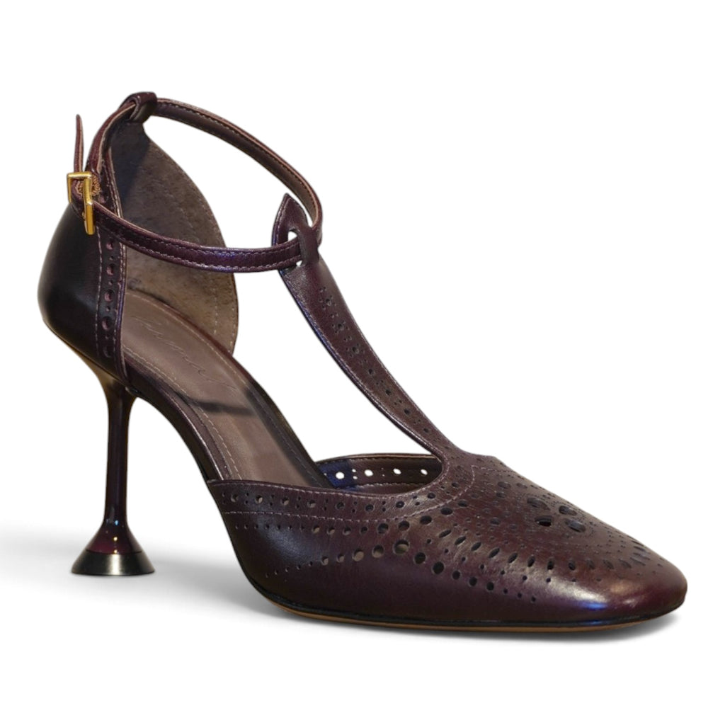 Mary Jane T-bar bordeaux in pelle traforata