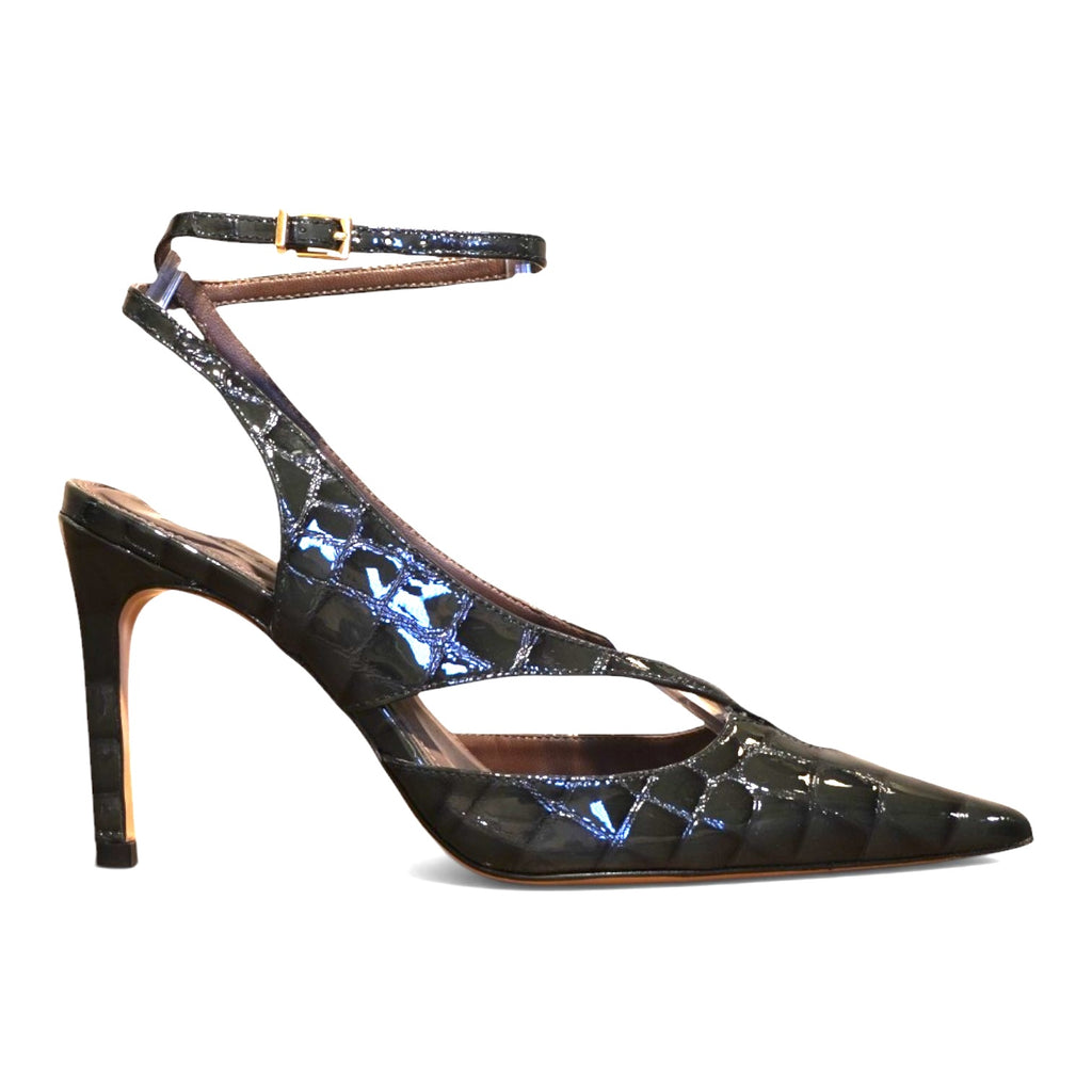 Slingback petrolio in vernice effetto cocco con cinturino alla caviglia