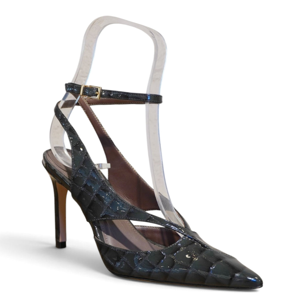 Slingback petrolio in vernice effetto cocco con cinturino alla caviglia