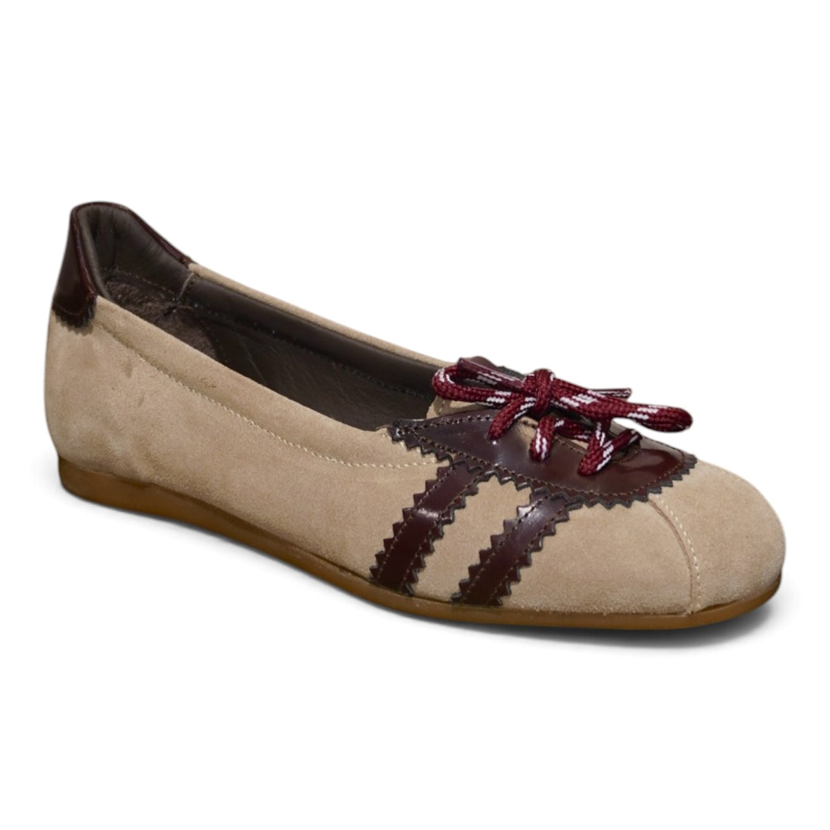 Ballerina sportiva beige e bordeaux con lacci e bande a contrasto