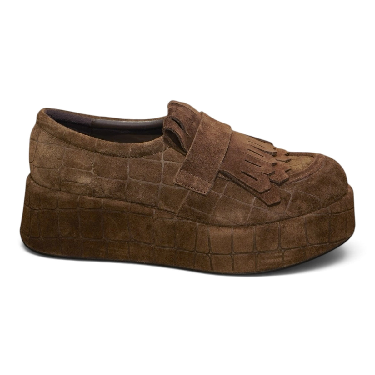 Mocassino platform cognac in camoscio con frange