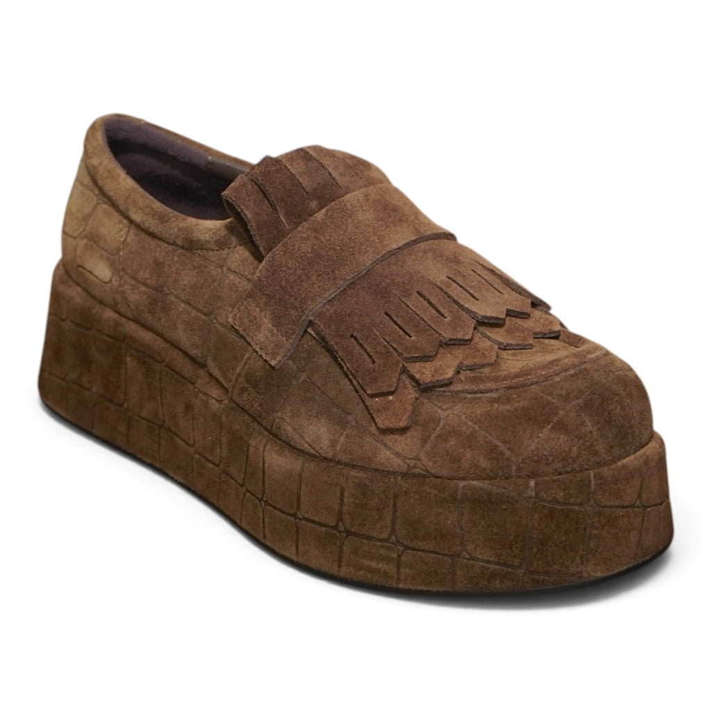Mocassino platform cognac in camoscio con frange