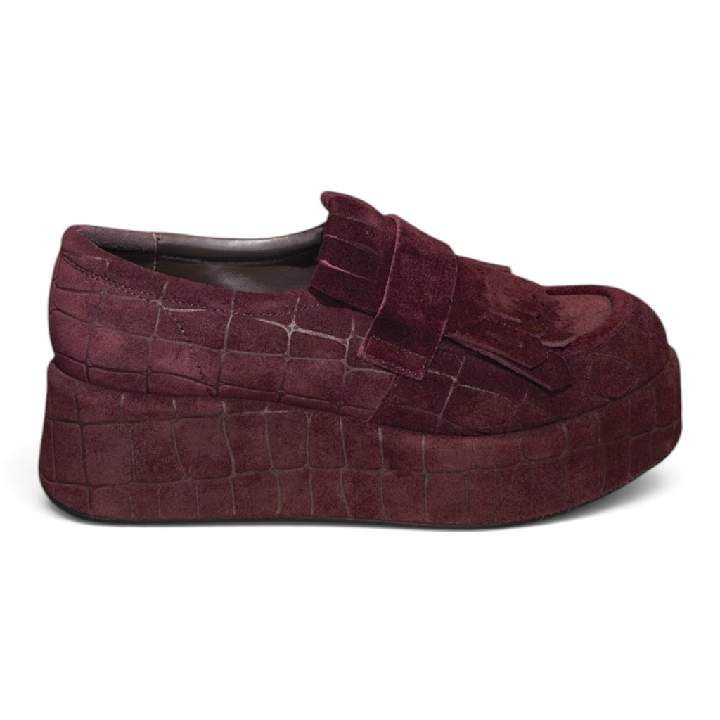 Mocassino platform bordeaux in camoscio con frange