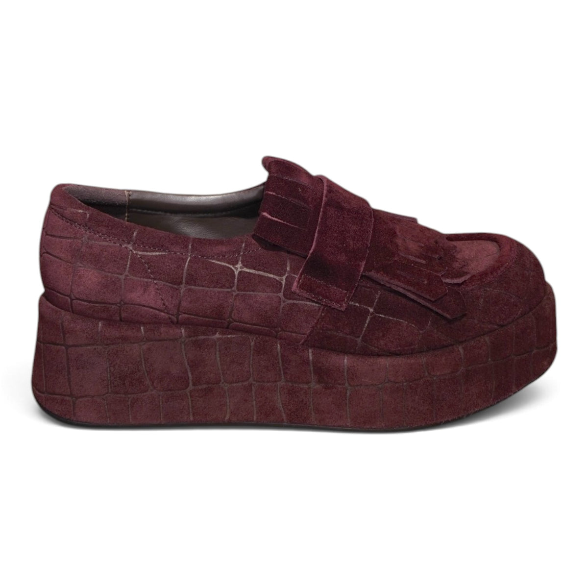 Mocassino platform bordeaux in camoscio con frange