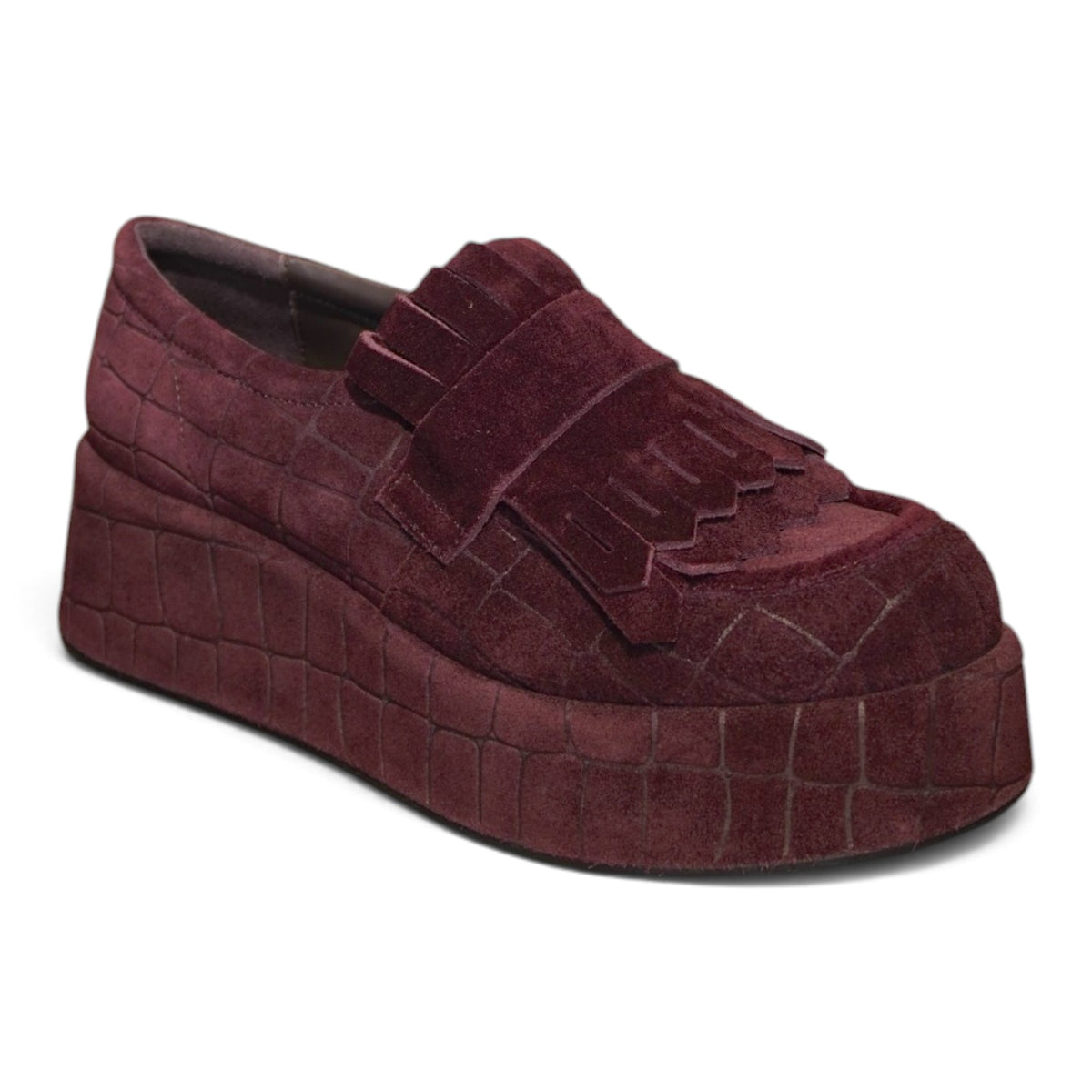 Mocassino platform bordeaux in camoscio con frange