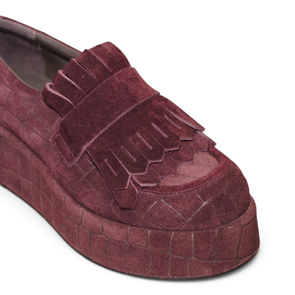 Mocassino platform bordeaux in camoscio con frange