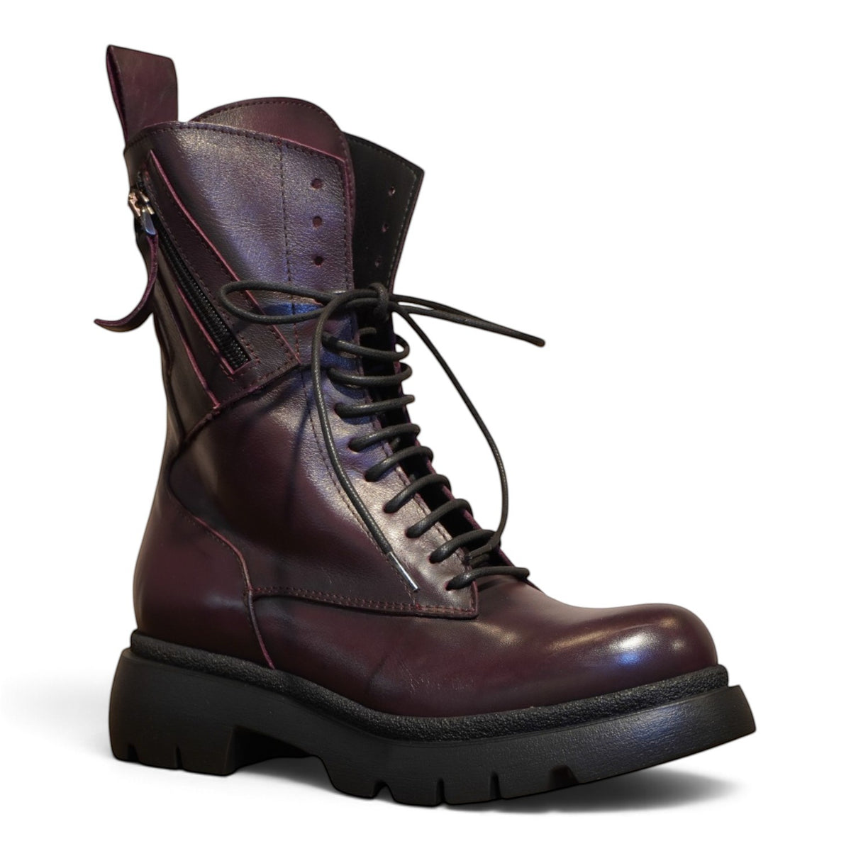 Anfibio biker bordeaux in pelle con lacci, zip laterale e suola carrarmato