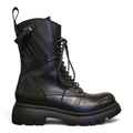 Anfibio biker nero in pelle con lacci, zip laterale e suola carrarmato
